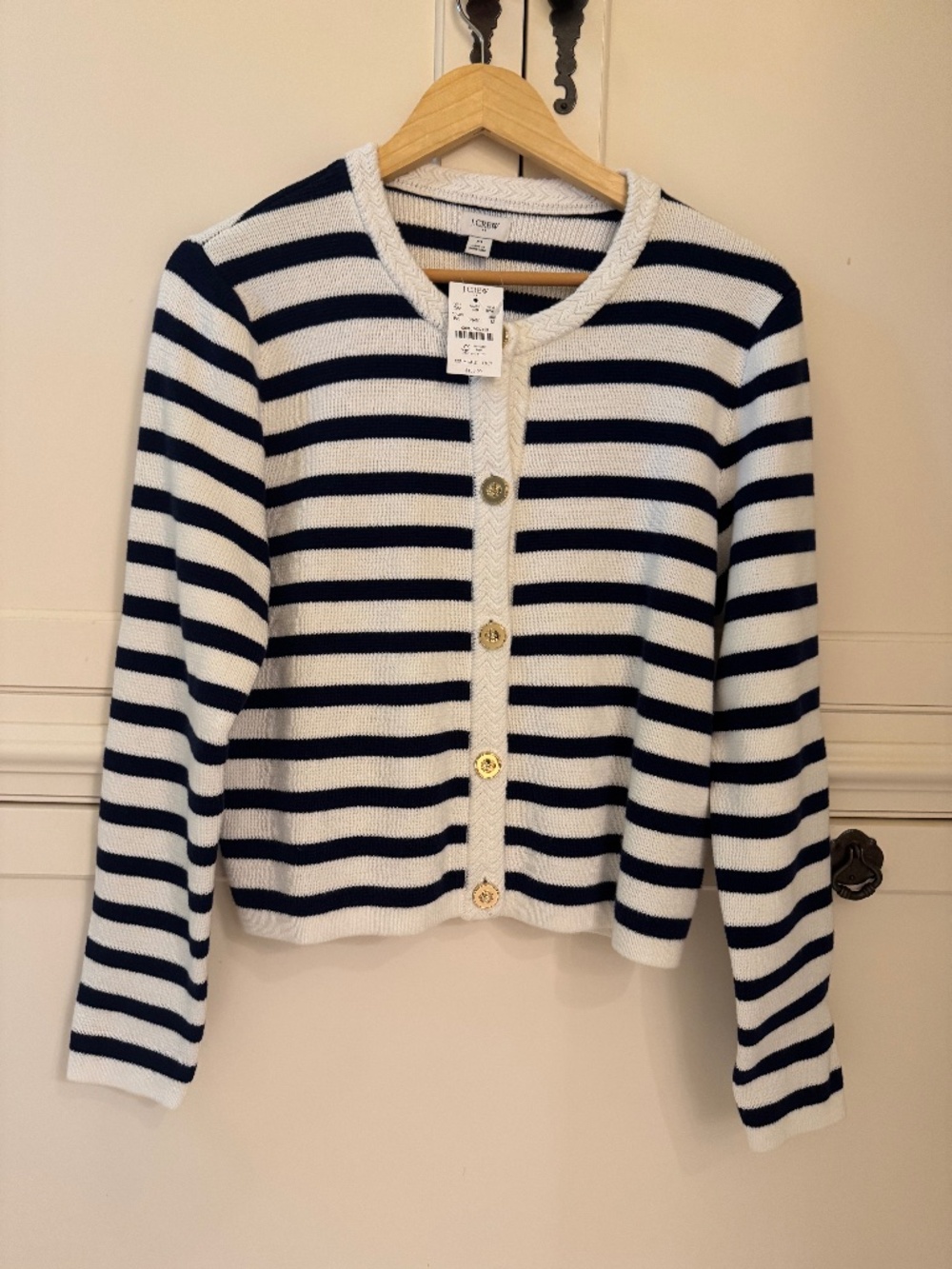 J. Crew Emilie Sweater Lady Jacket Navy and Cream Striped Cardigan - M    NWT